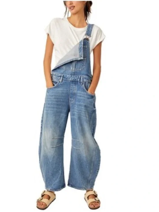 Free People We The Free Good Luck Barrel Overalls XL NWT Ultra Light Beam Denim - Picture 3 of 7